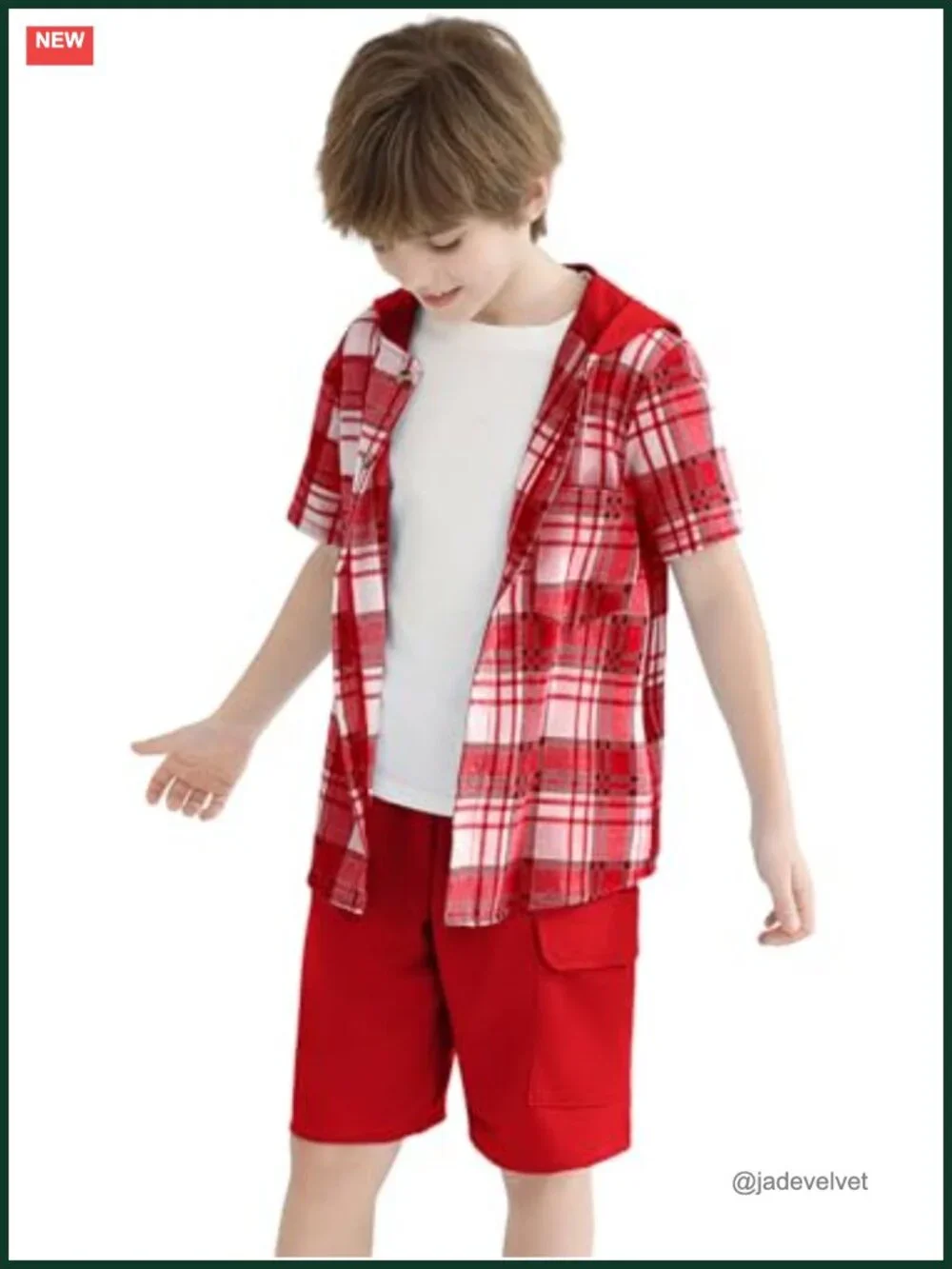 Boys Plaid Hooded Button Shirt and Jogger Shorts Set 2-Piece Summer Outfit